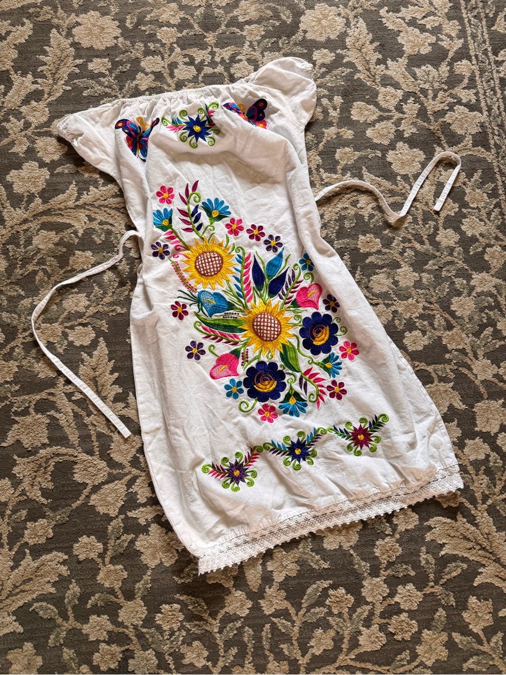 White Embroidered Floral Mexican Dress